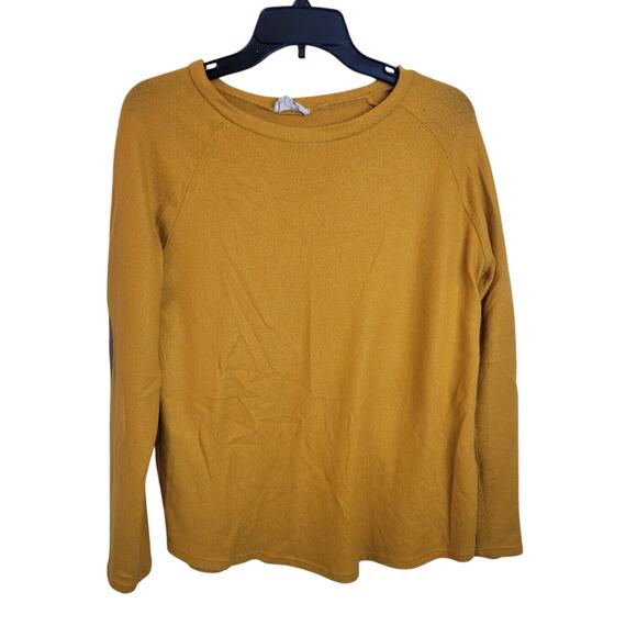 Betsey's Boutique Shop Mustard Elbow Patch Fleece Sweater Women's Size Large - Picture 1 of 7